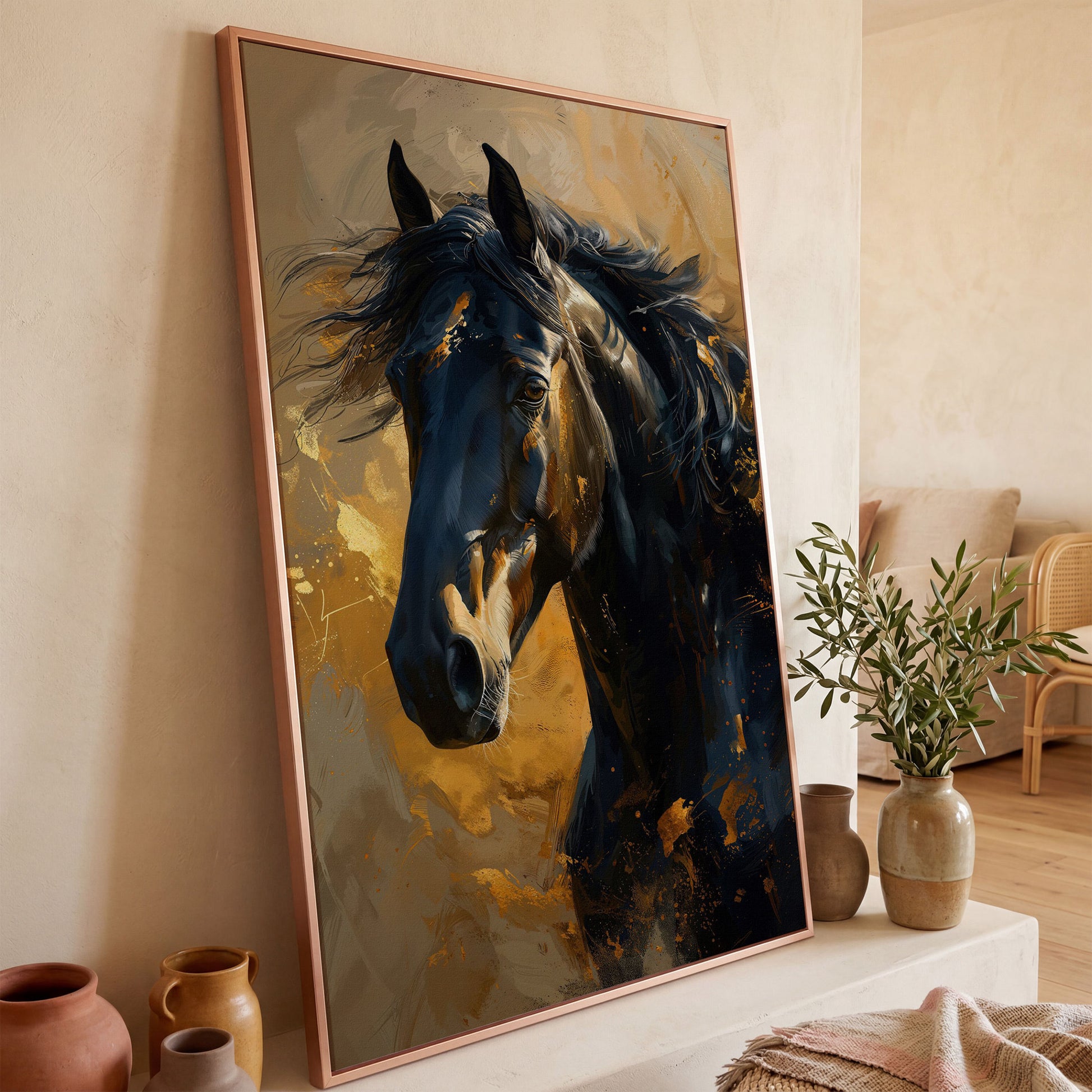 Noble Horse Portrait Canvas Print in Charcoal and Gold in rose gold floating frame