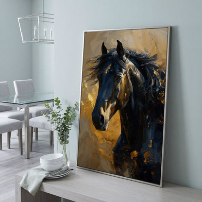 Noble Horse Portrait Canvas Print in Charcoal and Gold in silver floating frame