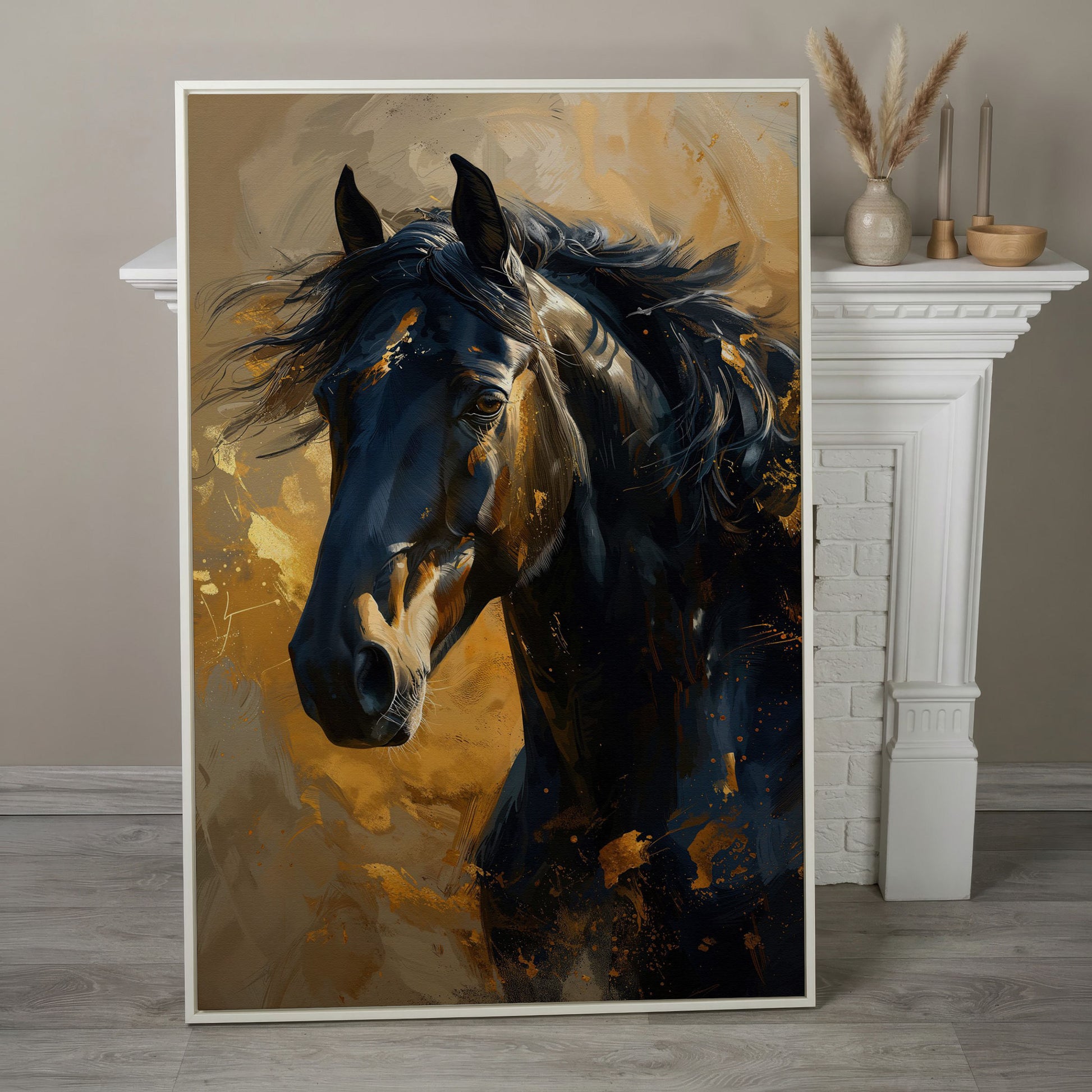 Noble Horse Portrait Canvas Print in Charcoal and Gold in white floating frame