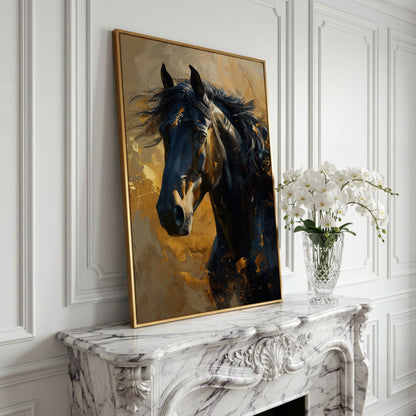 Noble Horse Portrait Canvas Print in Charcoal and Gold in yellow gold floating frame