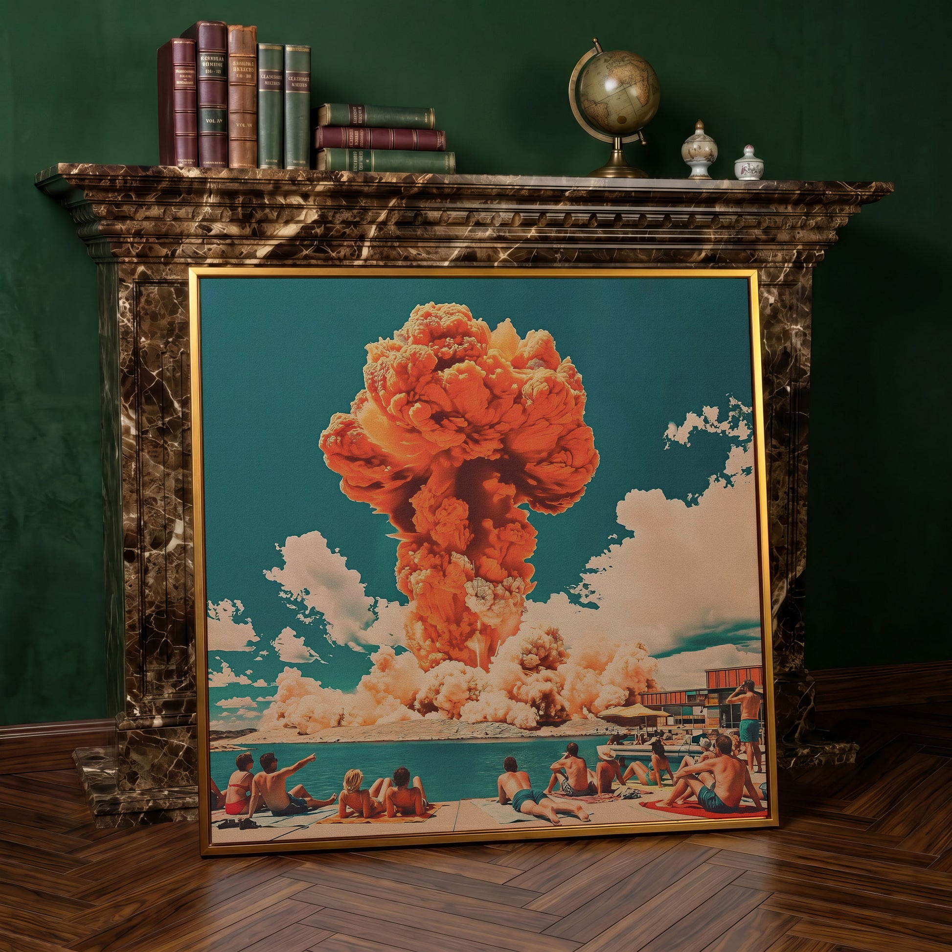 Explosive Mushroom Surrealist Canvas Print in antique gold floating frame