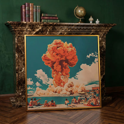 Explosive Mushroom Surrealist Canvas Print in antique gold floating frame