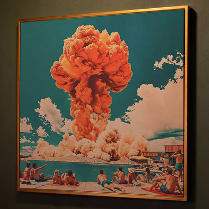 Explosive Mushroom Surrealist Canvas Print shown in antique gold floating frame