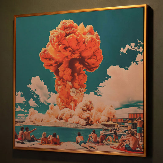 Explosive Mushroom Surrealist Canvas Print shown in antique gold floating frame