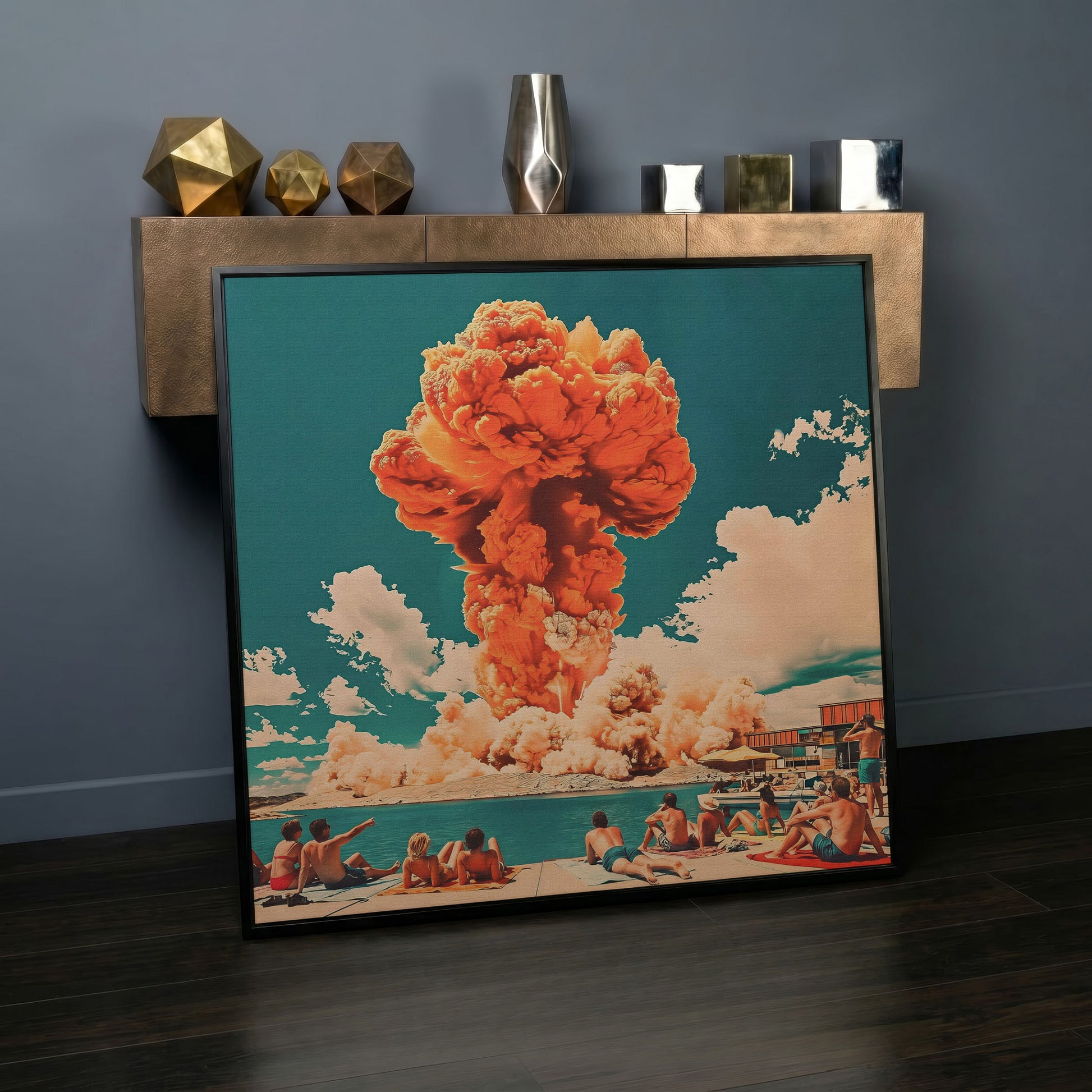 Explosive Mushroom Surrealist Canvas Print in black floating frame