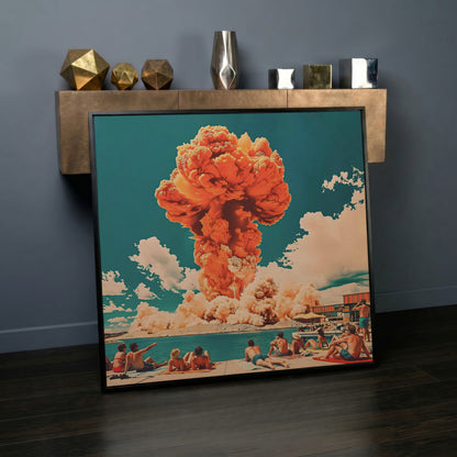 Explosive Mushroom Surrealist Canvas Print in black floating frame