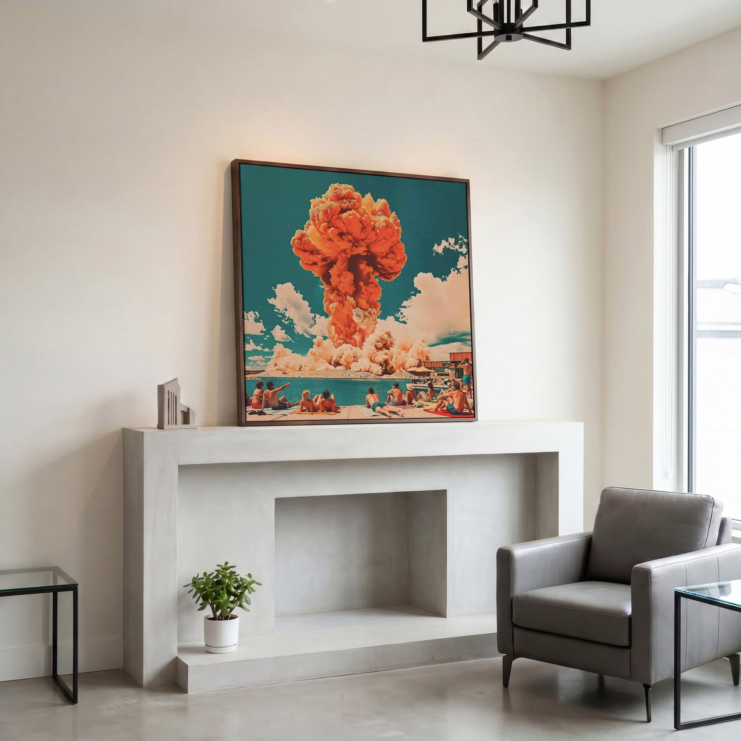 Explosive Mushroom Surrealist Canvas Print in dark walnut floating frame