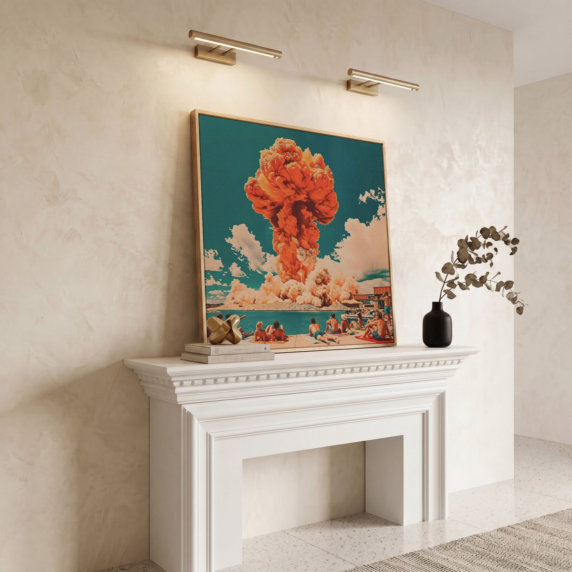 Explosive Mushroom Surrealist Canvas Print in white oak floating frame