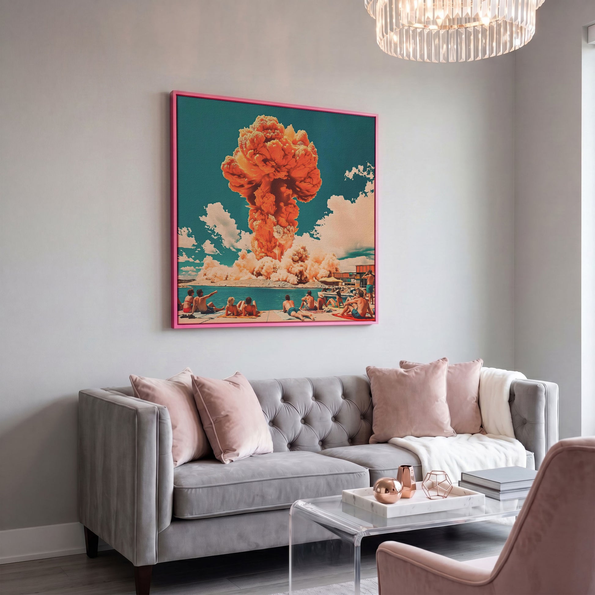 Explosive Mushroom Surrealist Canvas Print in pink floating frame