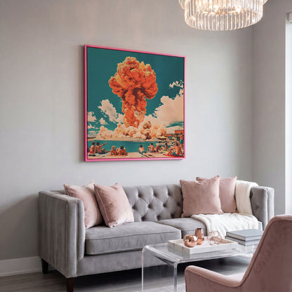 Explosive Mushroom Surrealist Canvas Print in pink floating frame