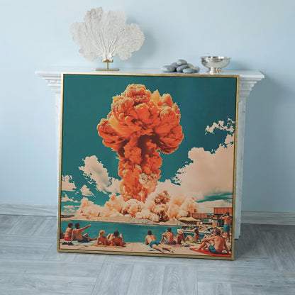 Explosive Mushroom Surrealist Canvas Print in rose gold floating frame