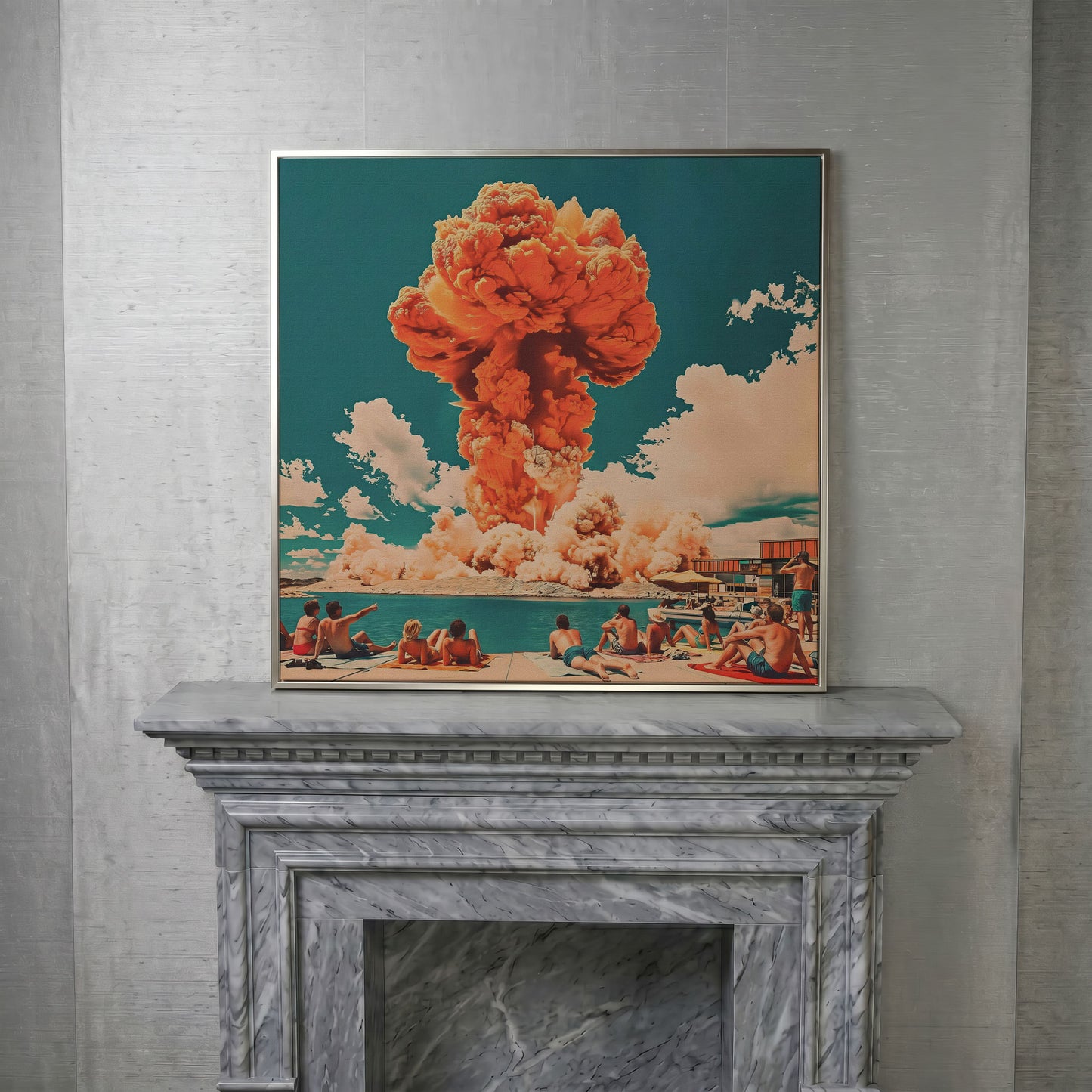 Explosive Mushroom Surrealist Canvas Print in silver floating frame