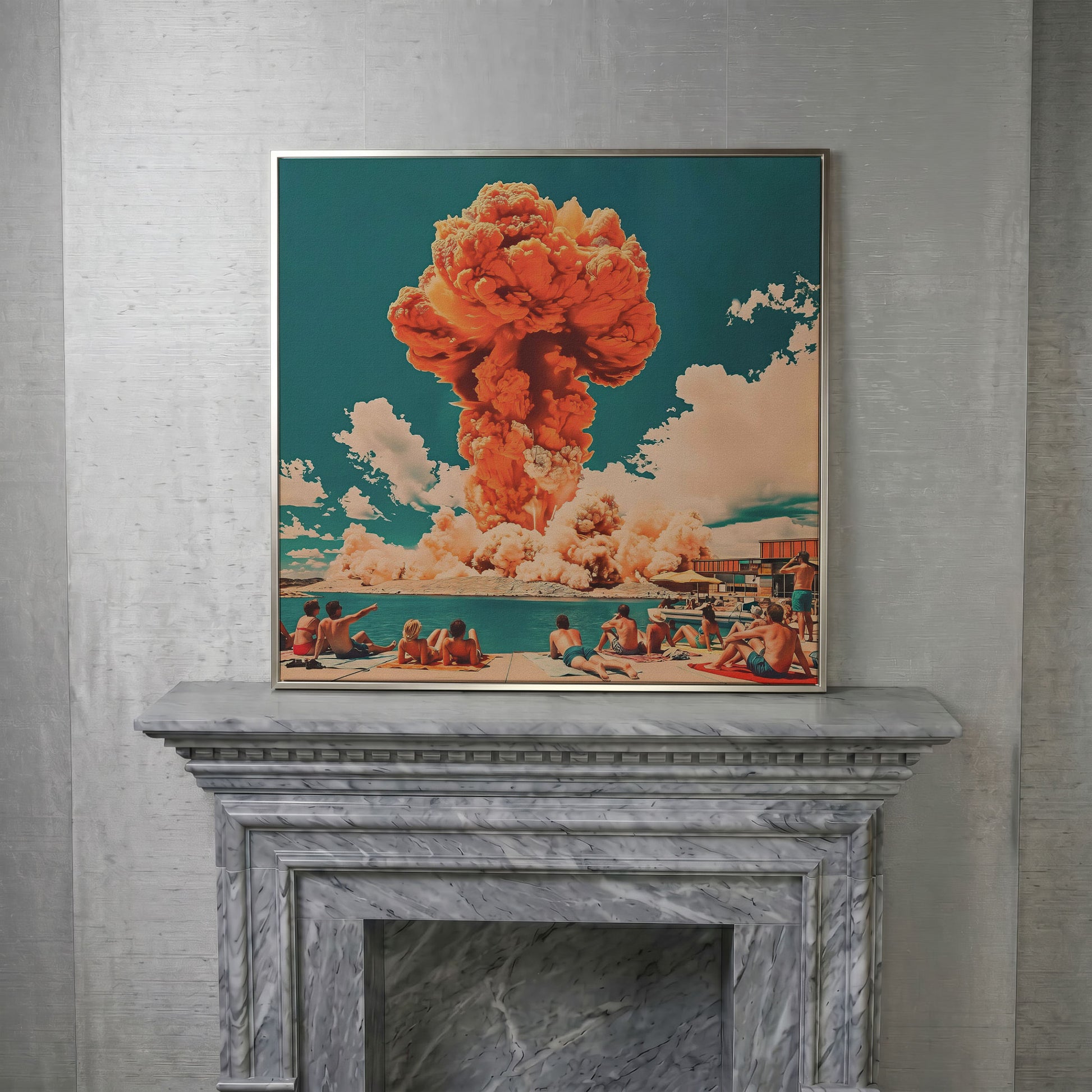 Explosive Mushroom Surrealist Canvas Print in silver floating frame
