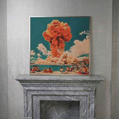 Explosive Mushroom Surrealist Canvas Print in silver floating frame