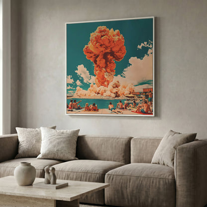 Explosive Mushroom Surrealist Canvas Print in white floating frame