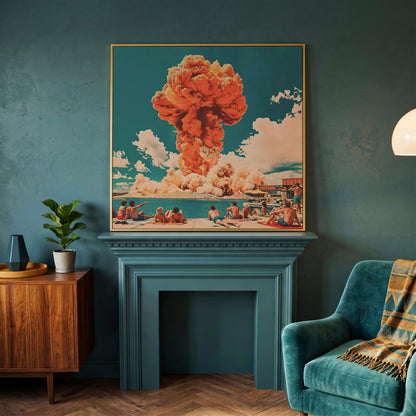 Explosive Mushroom Surrealist Canvas Print in yellow gold floating frame