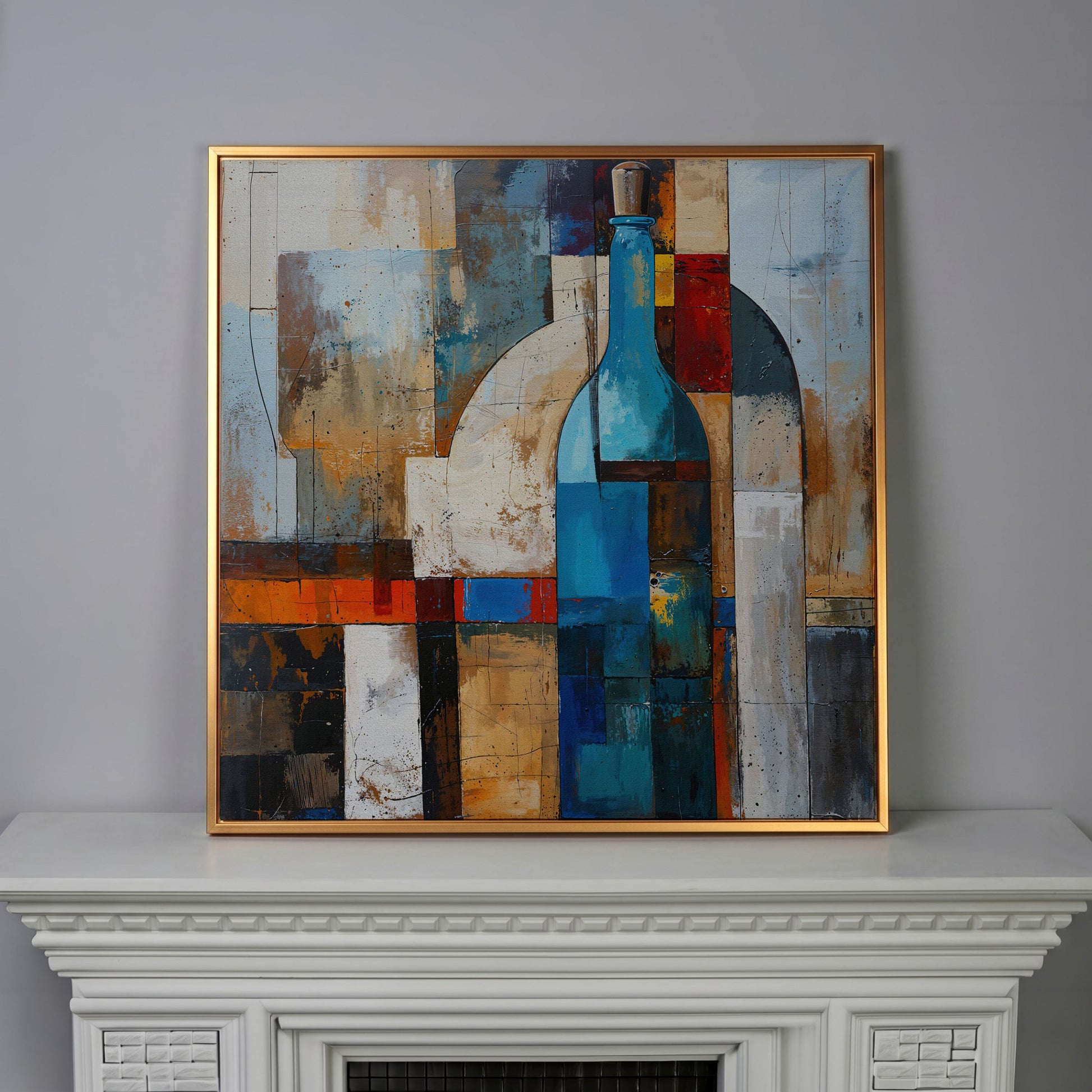 Abstract Blue Bottle Geometric Canvas in antique gold floating frame