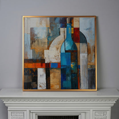 Abstract Blue Bottle Geometric Canvas in antique gold floating frame