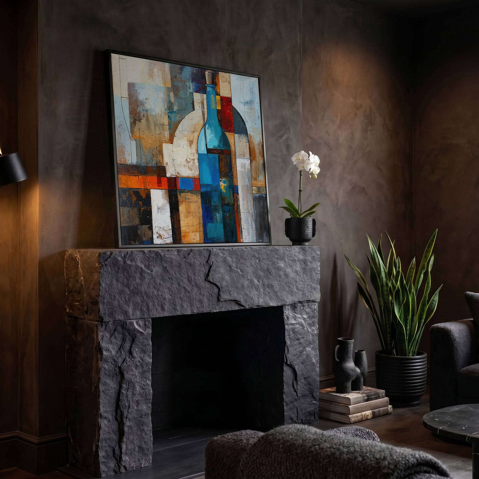 Abstract Blue Bottle Geometric Canvas in black floating frame