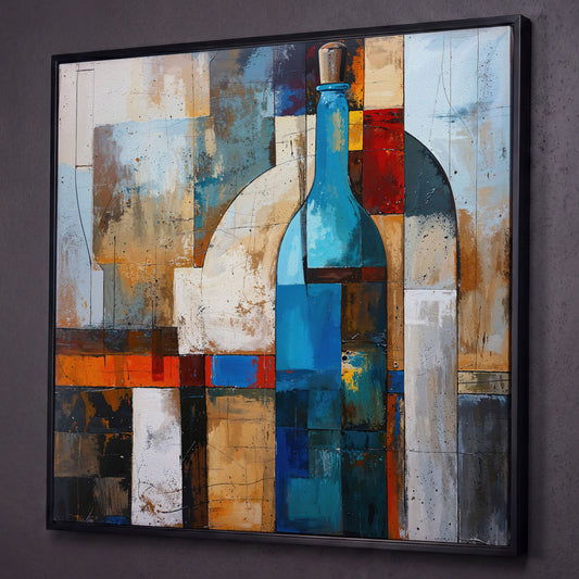 Abstract Blue Bottle Geometric Canvas shown in black floating frame
