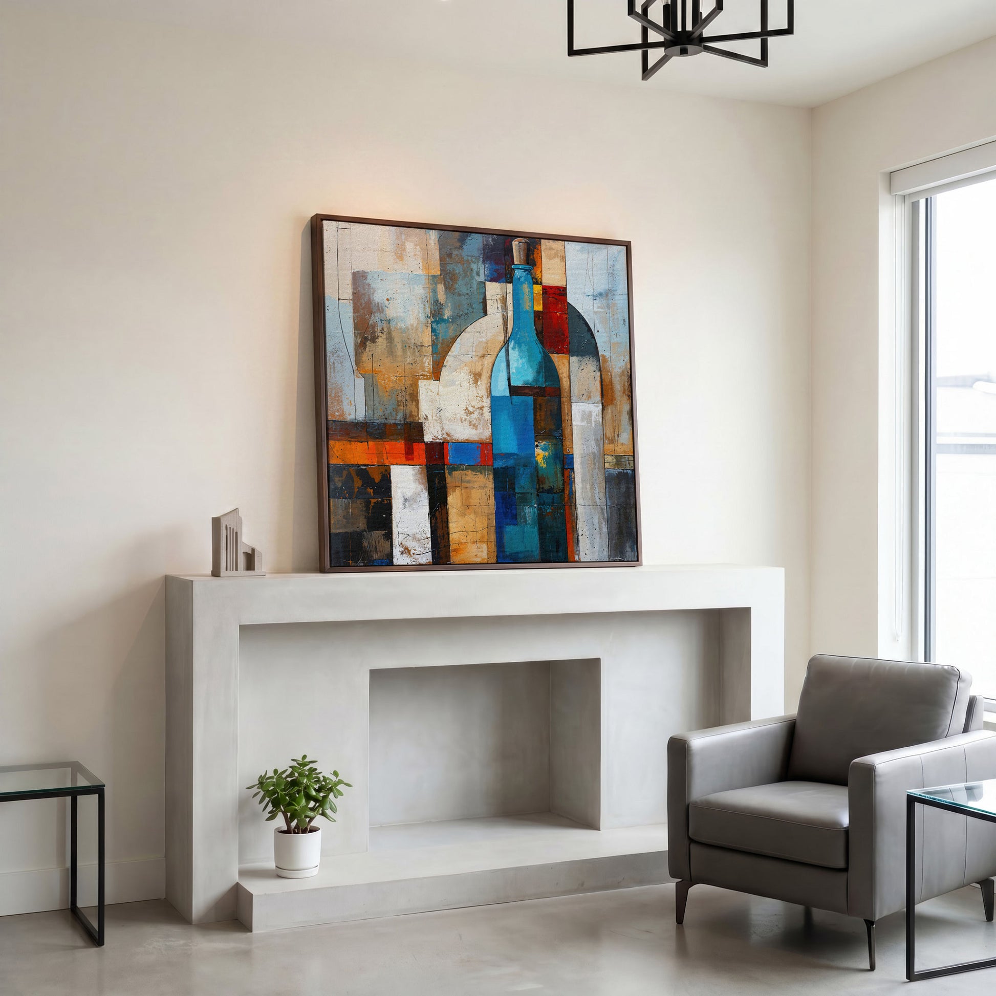 Abstract Blue Bottle Geometric Canvas in dark walnut floating frame