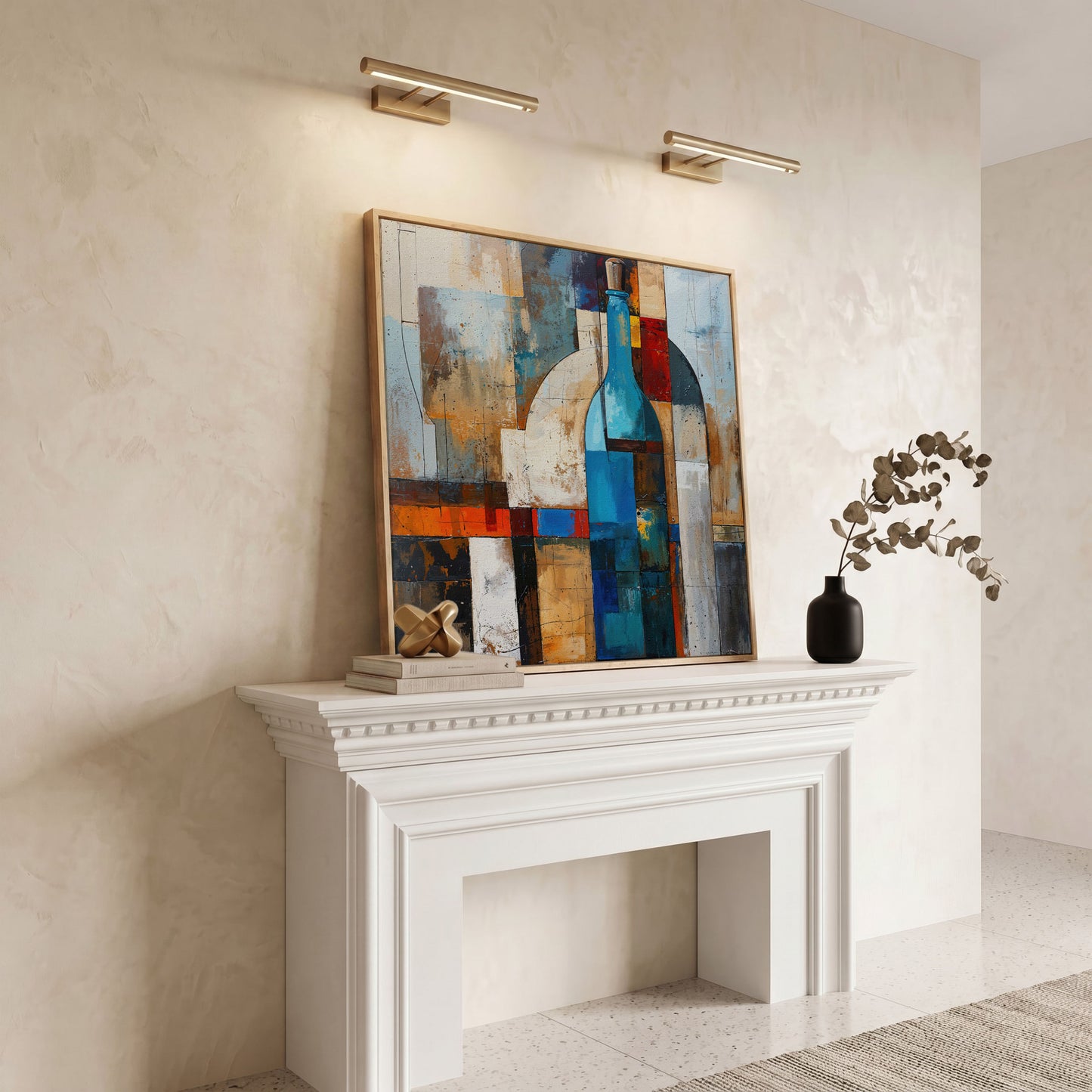 Abstract Blue Bottle Geometric Canvas in white oak floating frame
