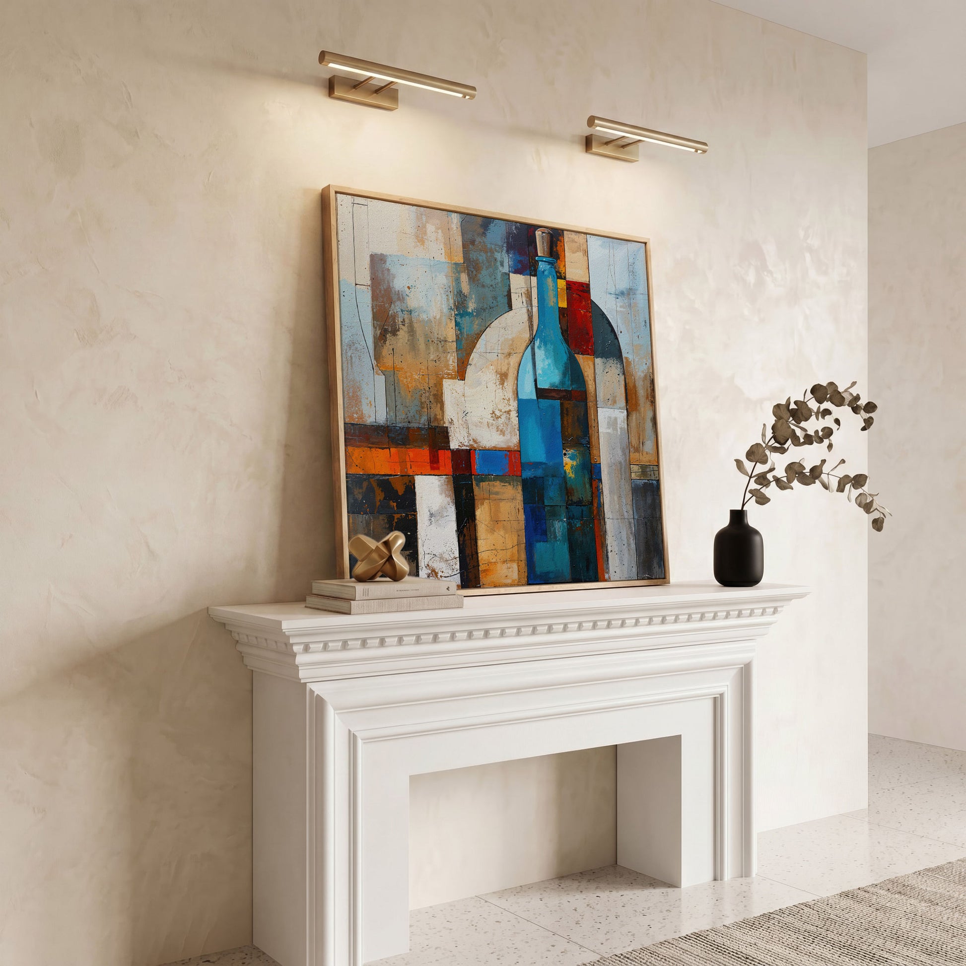 Abstract Blue Bottle Geometric Canvas in white oak floating frame