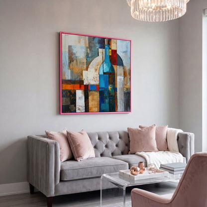 Abstract Blue Bottle Geometric Canvas in pink floating frame