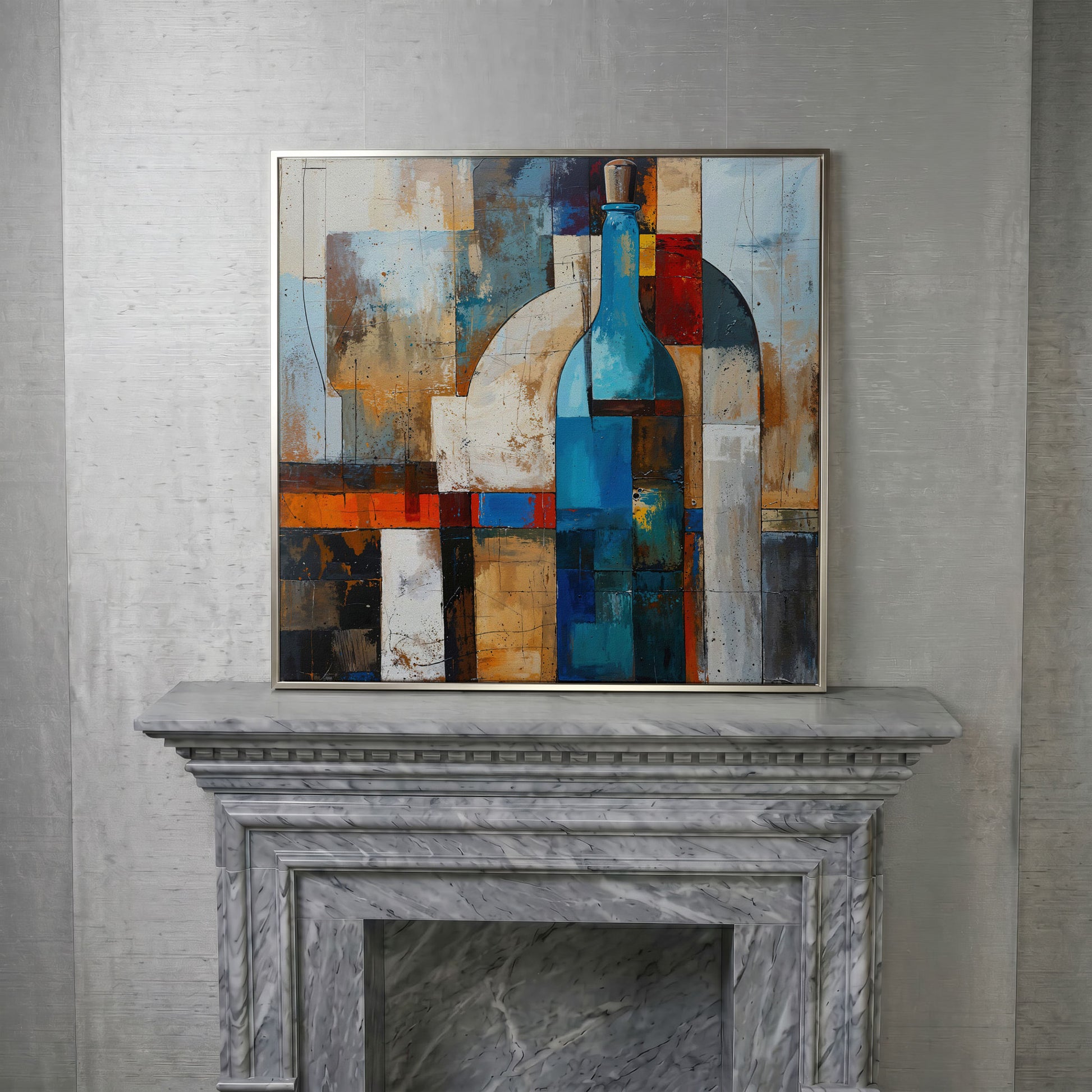 Abstract Blue Bottle Geometric Canvas in silver floating frame