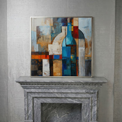 Abstract Blue Bottle Geometric Canvas in silver floating frame