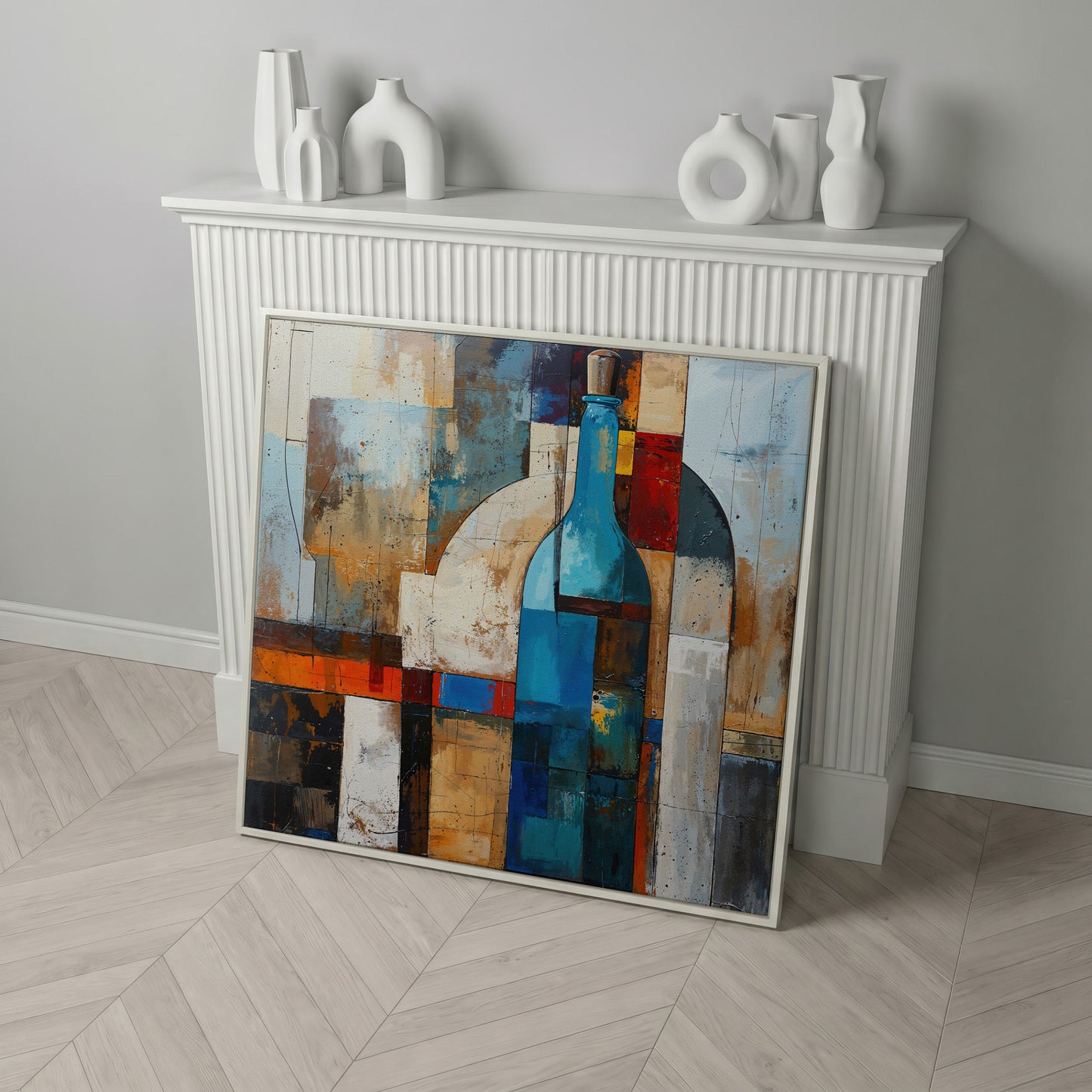 Abstract Blue Bottle Geometric Canvas in white floating frame