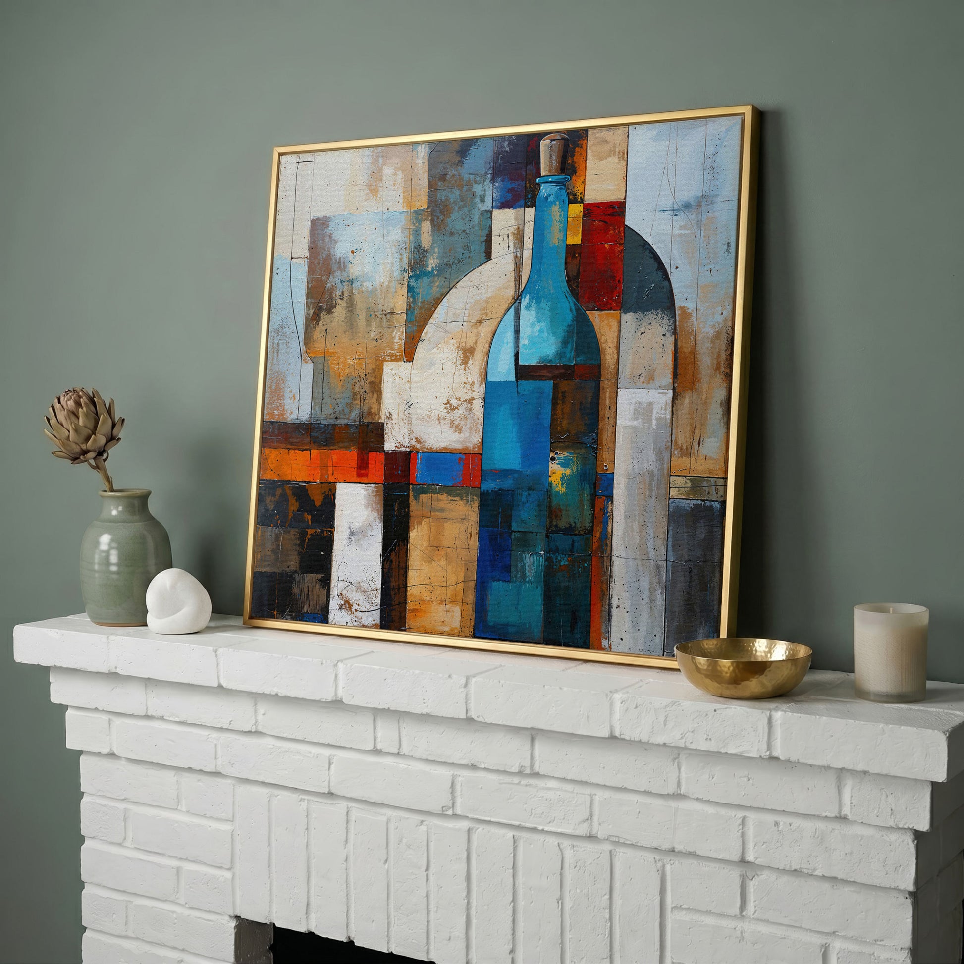 Abstract Blue Bottle Geometric Canvas in yellow gold floating frame