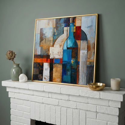 Abstract Blue Bottle Geometric Canvas in yellow gold floating frame