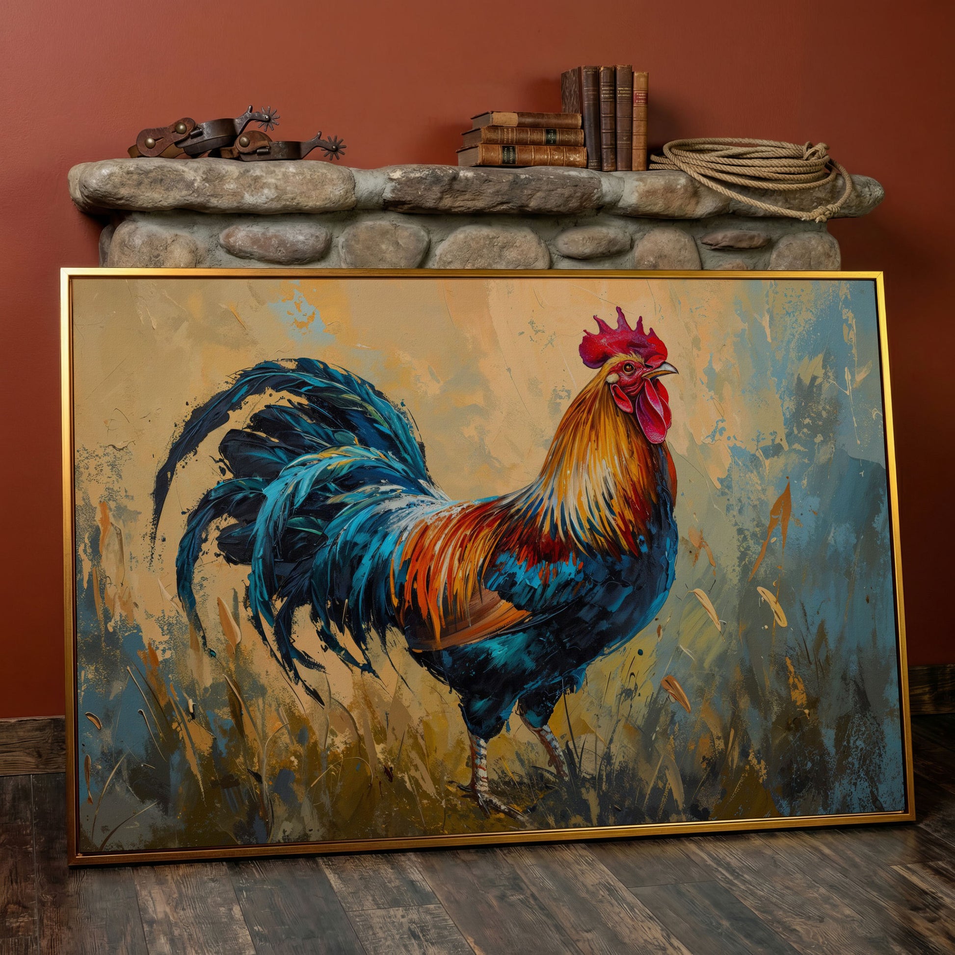 Rooster Canvas Print in Cerulean and Burnt Sienna in antique gold floating frame