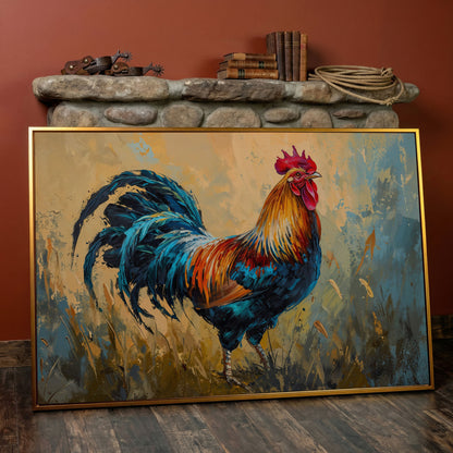 Rooster Canvas Print in Cerulean and Burnt Sienna in antique gold floating frame