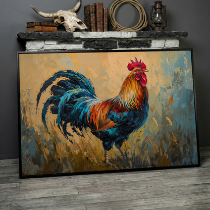 Rooster Canvas Print in Cerulean and Burnt Sienna in black floating frame