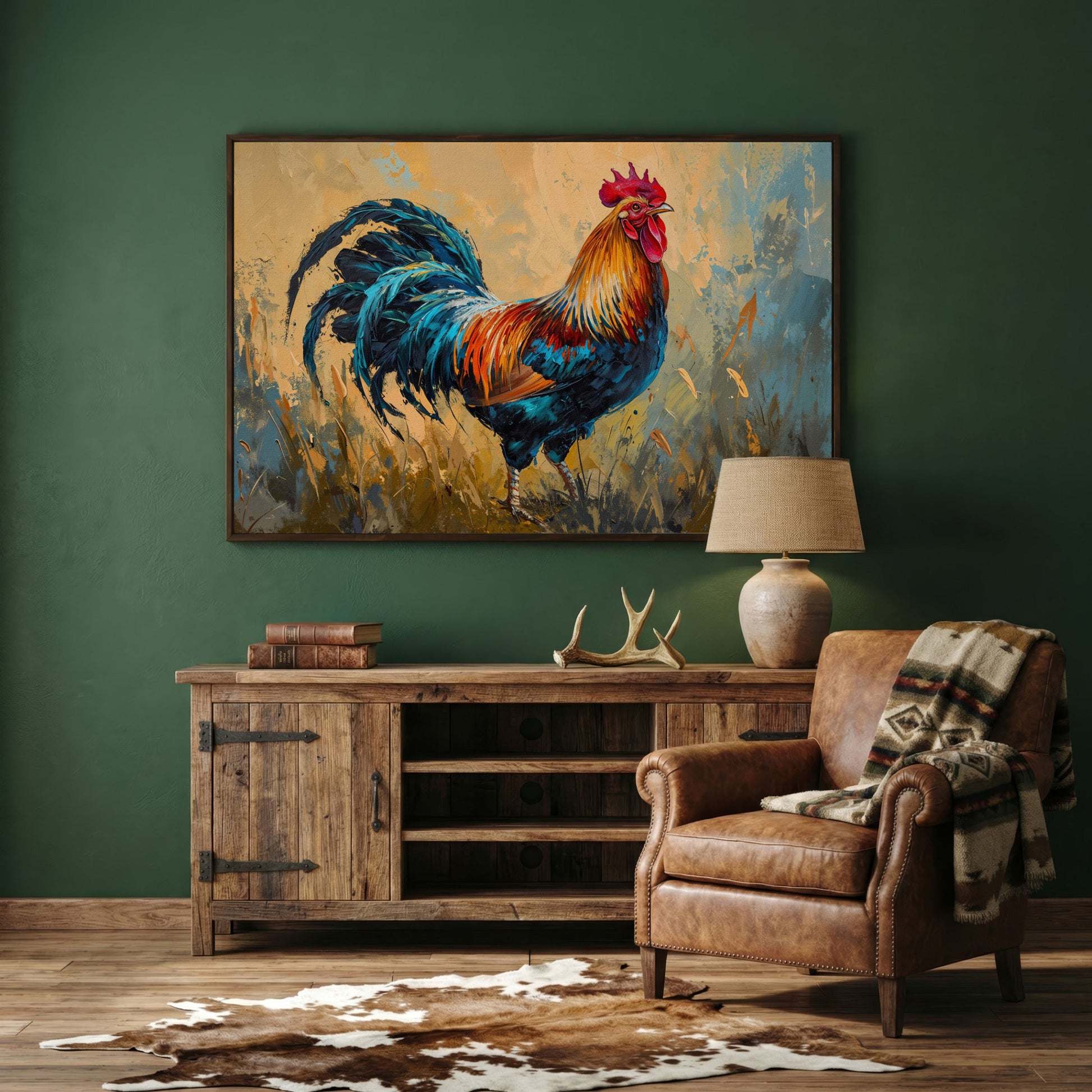 Rooster Canvas Print in Cerulean and Burnt Sienna in dark walnut floating frame