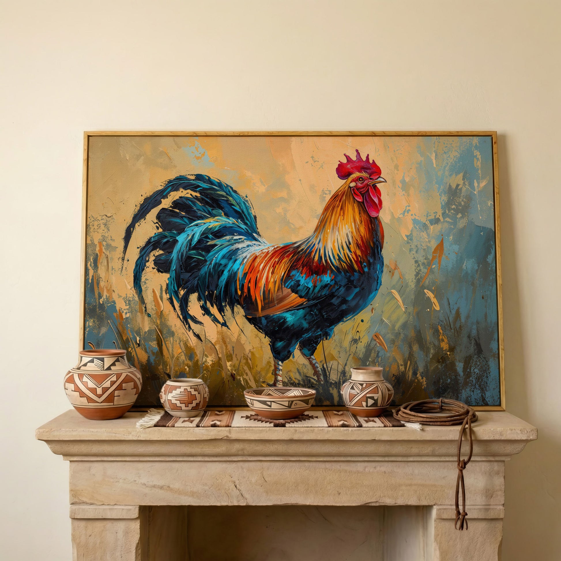 Rooster Canvas Print in Cerulean and Burnt Sienna in white oak floating frame