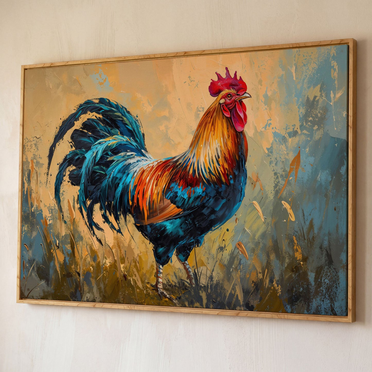 Rooster Canvas Print in Cerulean and Burnt Sienna shown in white oak floating frame
