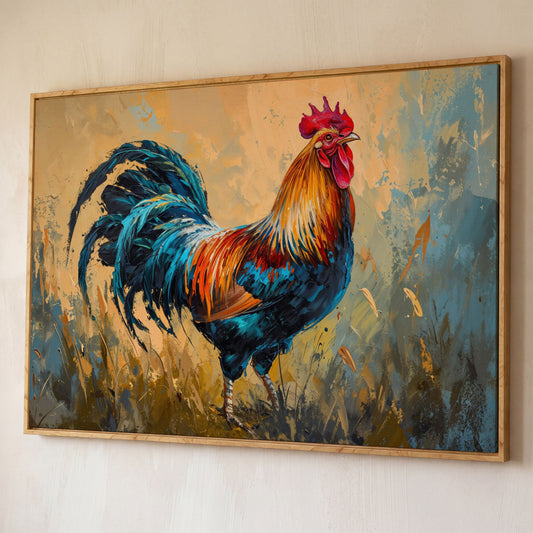 Rooster Canvas Print in Cerulean and Burnt Sienna shown in white oak floating frame