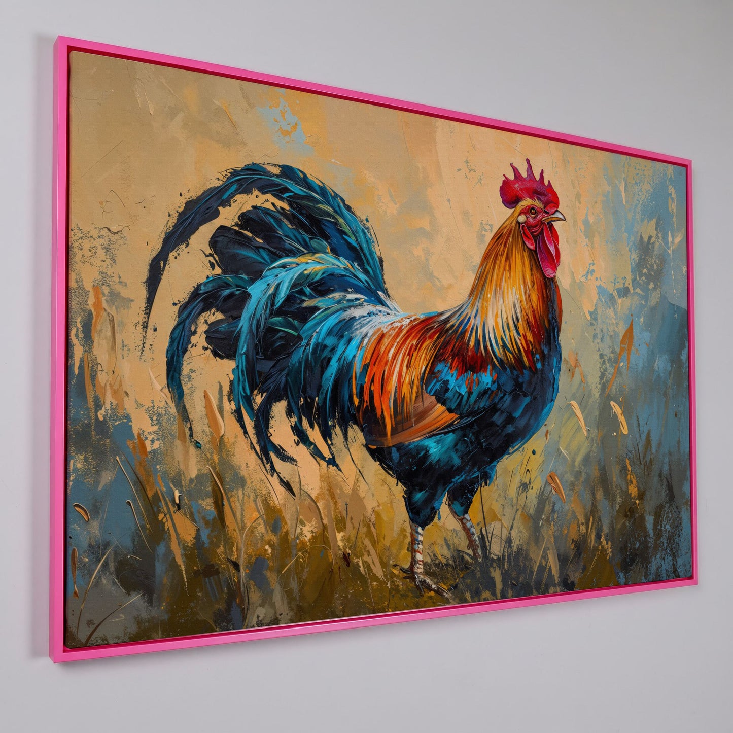 Rooster Canvas Print in Cerulean and Burnt Sienna in pink floating frame