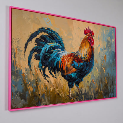 Rooster Canvas Print in Cerulean and Burnt Sienna in pink floating frame