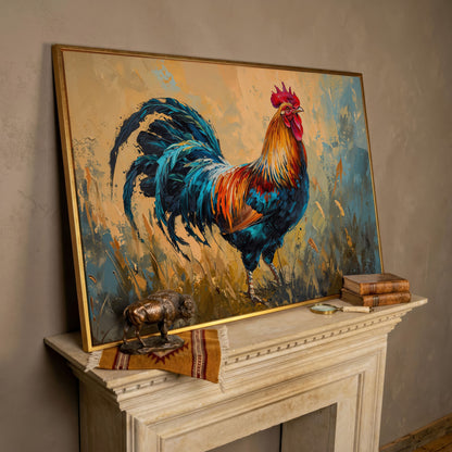 Rooster Canvas Print in Cerulean and Burnt Sienna in rose gold floating frame