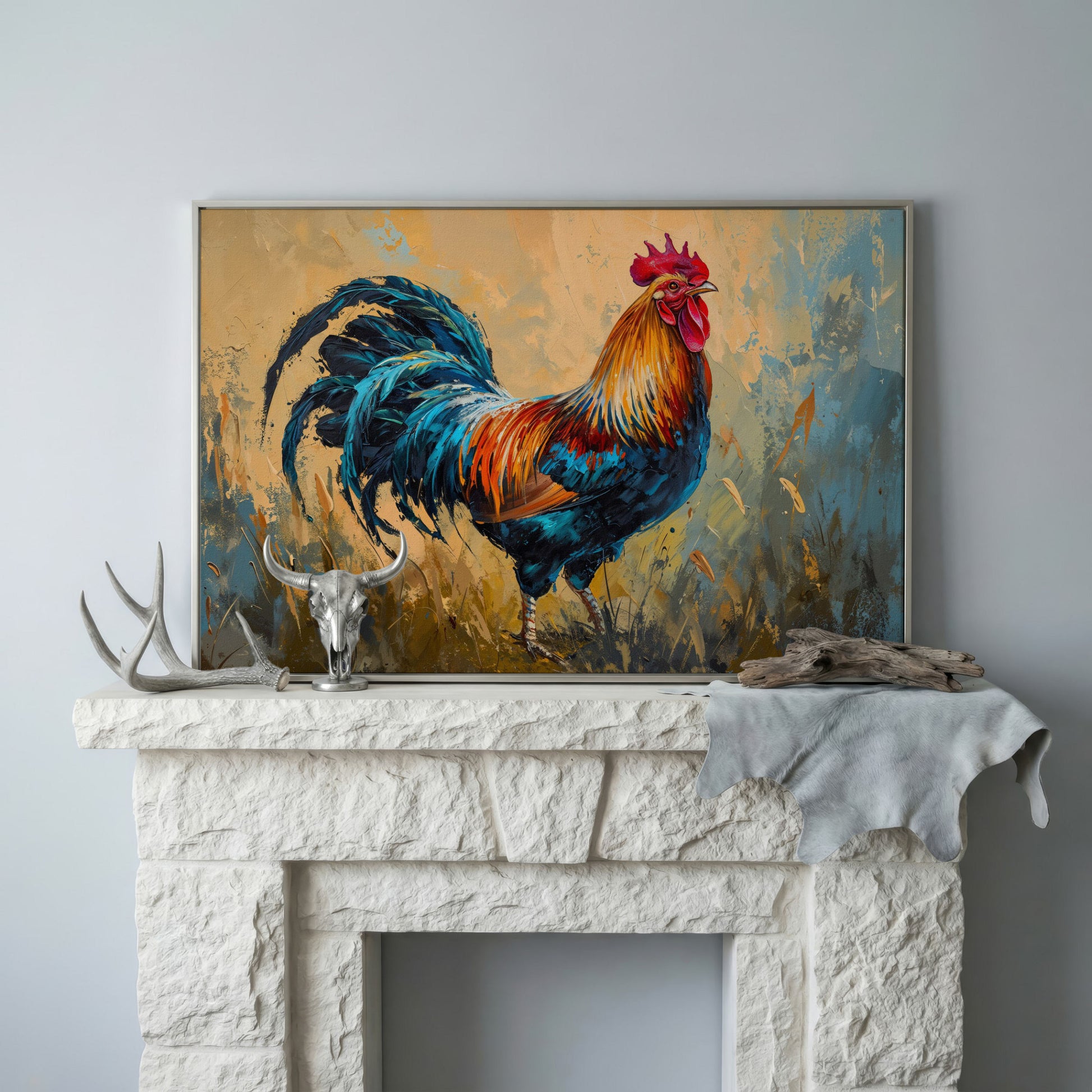 Rooster Canvas Print in Cerulean and Burnt Sienna in silver floating frame