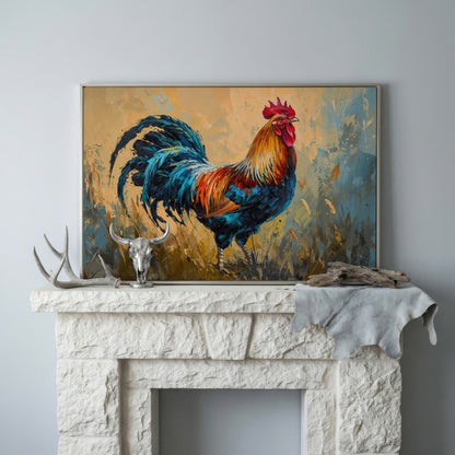 Rooster Canvas Print in Cerulean and Burnt Sienna in silver floating frame