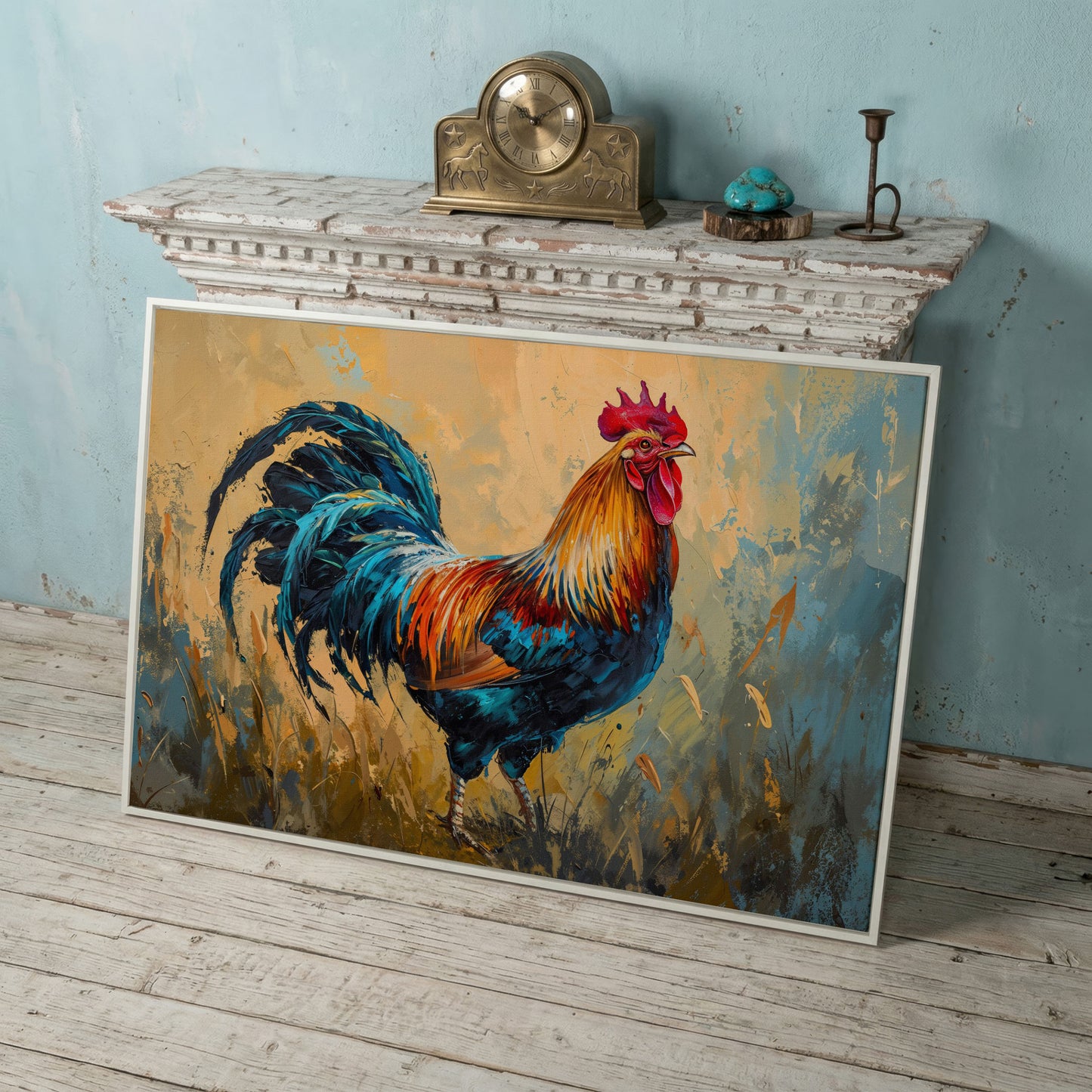 Rooster Canvas Print in Cerulean and Burnt Sienna in white floating frame