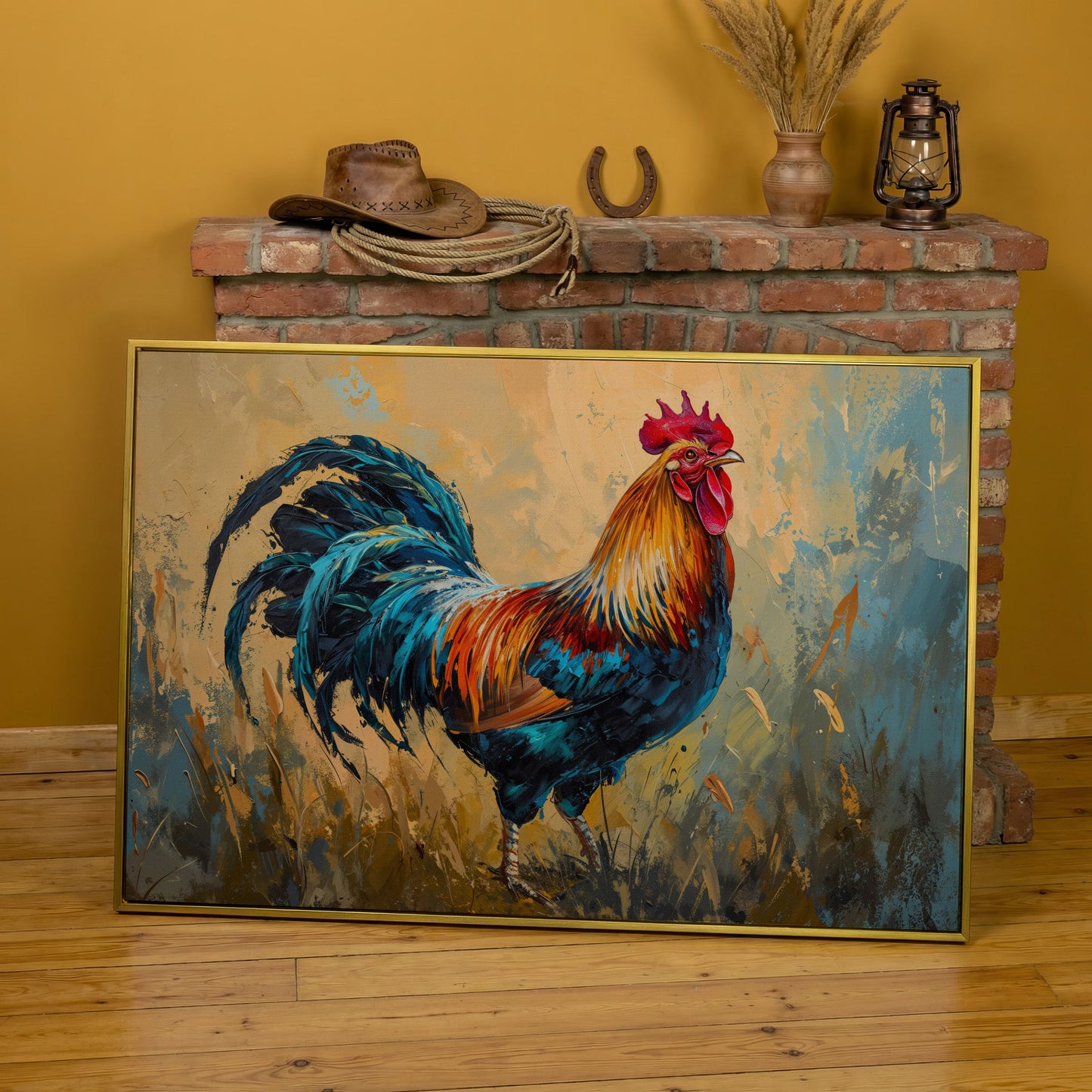 Rooster Canvas Print in Cerulean and Burnt Sienna in yellow gold floating frame