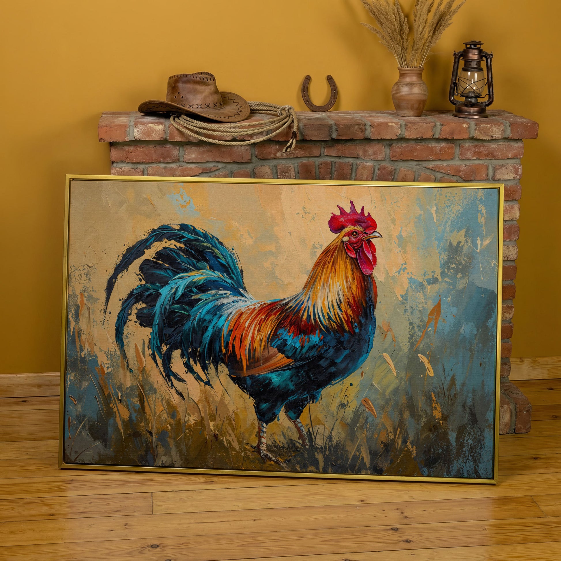Rooster Canvas Print in Cerulean and Burnt Sienna in yellow gold floating frame