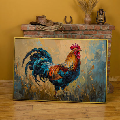 Rooster Canvas Print in Cerulean and Burnt Sienna in yellow gold floating frame