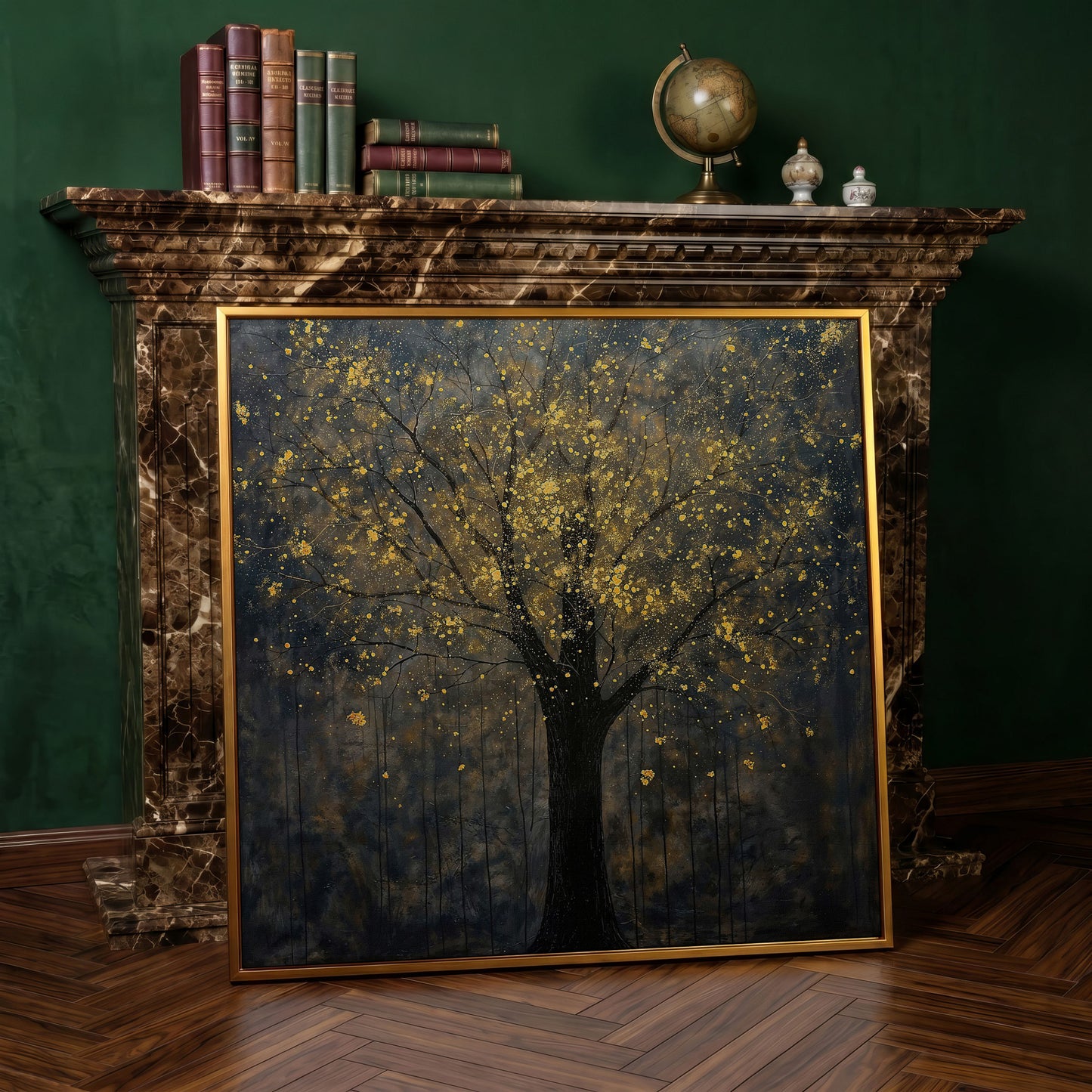 Black Tree with Golden Splash Canvas in antique gold floating frame
